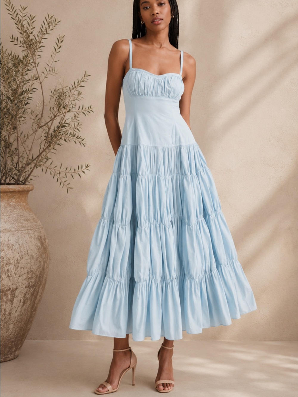 Ulla Johnson Emmalina Sweetheart Neck Tiered Midi Dress in Adriatic Blue